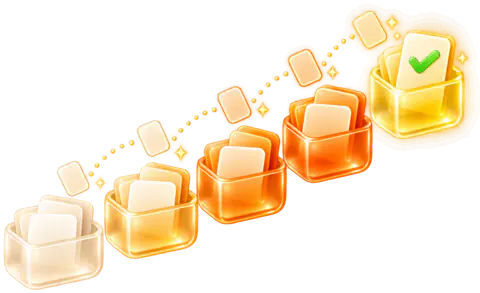 Five Leitner boxes with cards moving up step by step