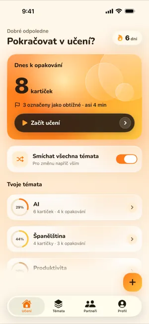 Úvodní obrazovka s kartičkami na dnešek, tlačítkem pro učení, sérií a vašimi tématy