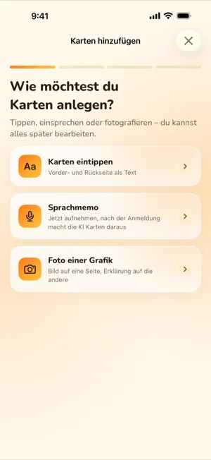 Karten hinzufügen mit drei Wegen: Karte eintippen, ein Sprachmemo aufnehmen, aus dem die KI Karten macht, oder ein Foto verwenden