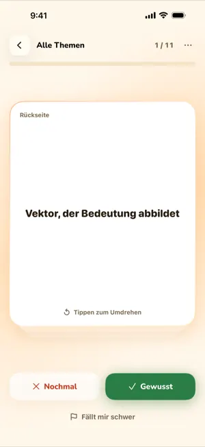 Rückseite einer Karte mit den Buttons Nochmal und Gewusst