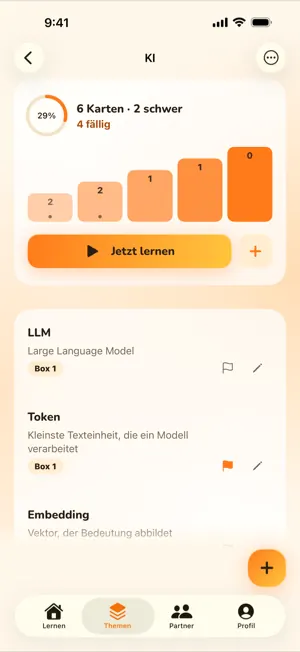 Themenansicht mit fünf Leitner-Boxen als Treppe und den Karten in jeder Box