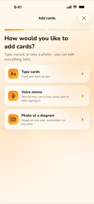 Add cards screen with three options: type a card, record a voice memo that AI turns into cards, or use a photo