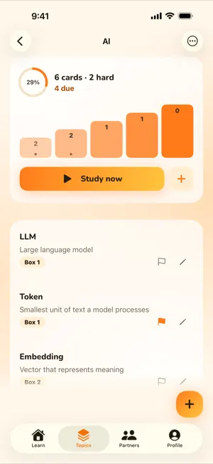 Topic screen with five Leitner boxes rising like stairs and the cards in each box