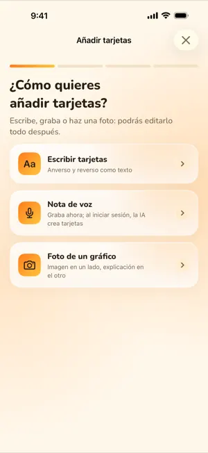 Pantalla para añadir tarjetas con tres opciones: escribir una tarjeta, grabar una nota de voz que la IA convierte en tarjetas o usar una foto