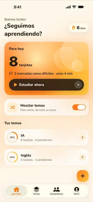 Pantalla de inicio con las tarjetas pendientes de hoy, el botón para estudiar, la racha y tus temas