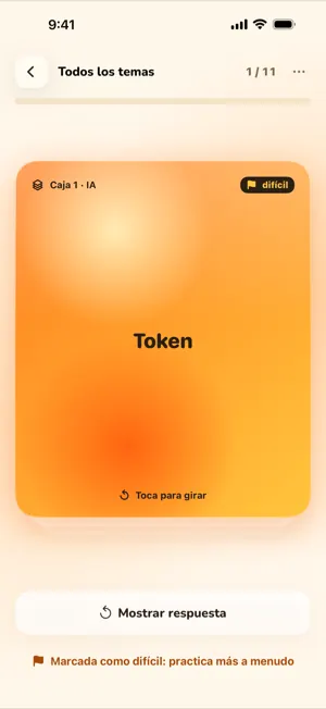 Pantalla de estudio con la cara de la pregunta de una tarjeta en la caja 1