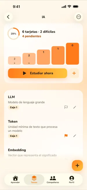 Pantalla de un tema con cinco cajas de Leitner en forma de escalera y las tarjetas de cada caja