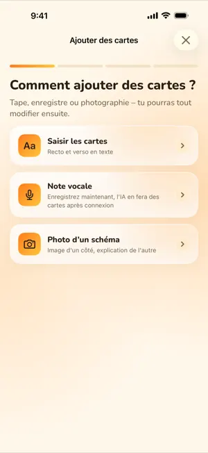 Écran d’ajout de cartes avec trois options : taper une carte, enregistrer une note vocale que l’IA transforme en cartes, ou utiliser une photo