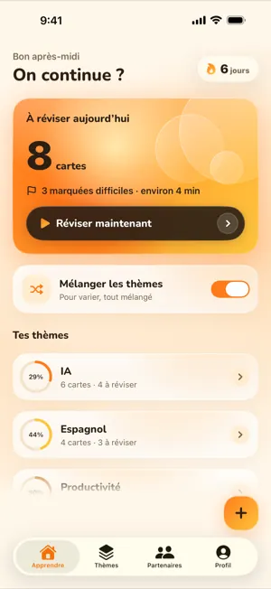 Écran d’accueil avec les cartes à réviser aujourd’hui, le bouton pour réviser, la série et tes thèmes