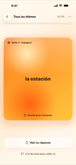Écran de révision avec le recto d’une carte dans la boîte 1