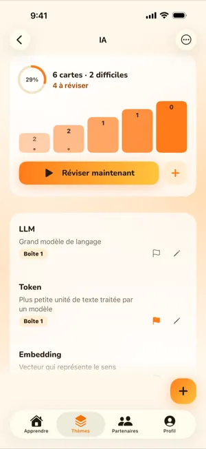 Écran d’un thème avec cinq boîtes de Leitner en escalier et les cartes de chaque boîte