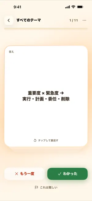 「もう一度」と「わかった」のボタンがあるカードの裏面