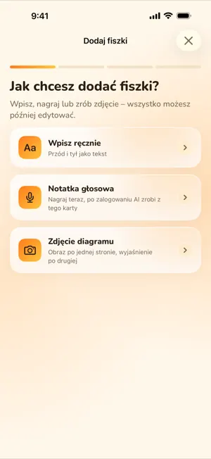 Ekran dodawania fiszek z trzema opcjami: wpisz fiszkę, nagraj notatkę głosową, z której AI zrobi fiszki, albo użyj zdjęcia